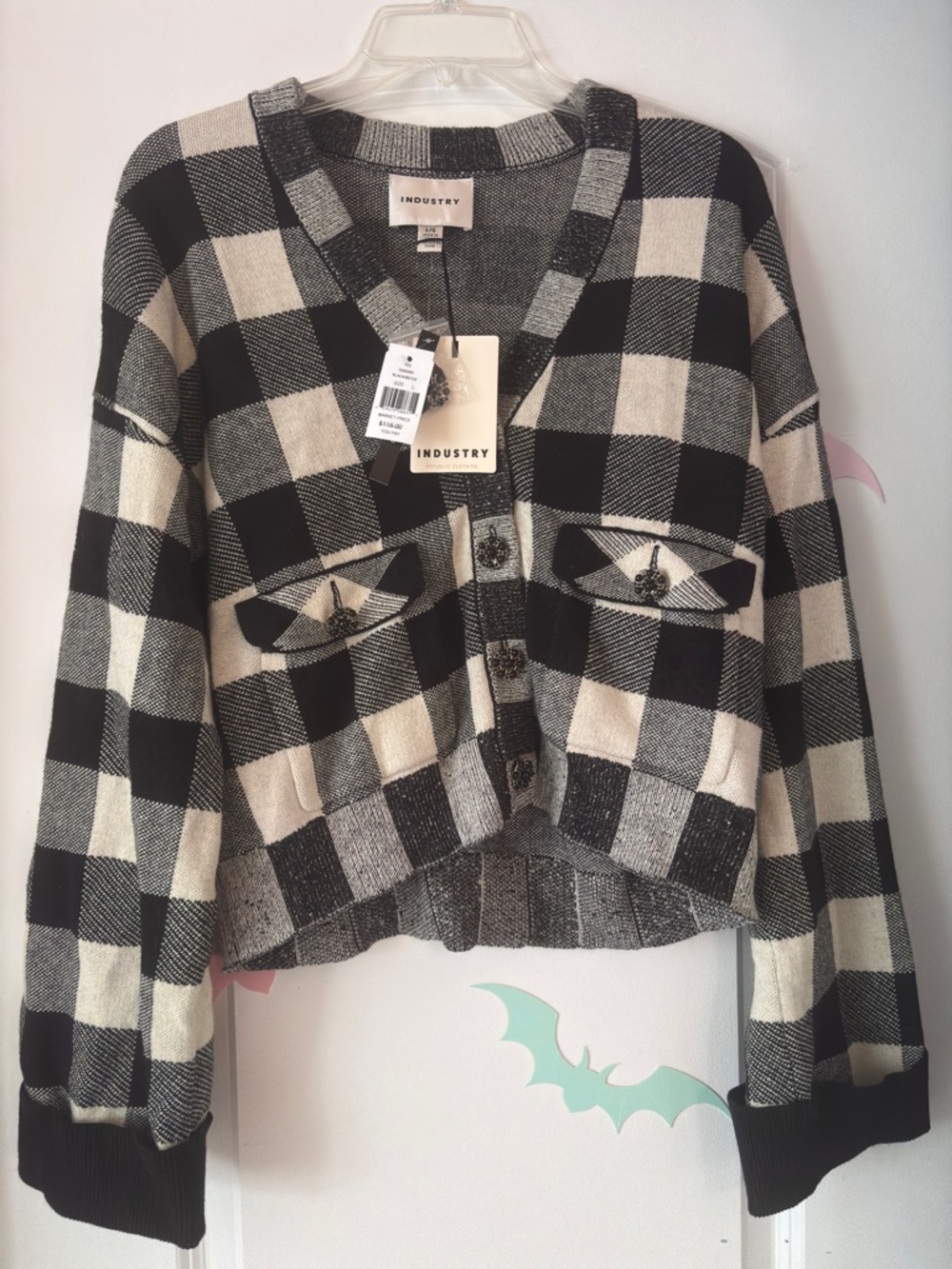 Industry Black and Cream Buffalo Plaid V-Neck Cardigan